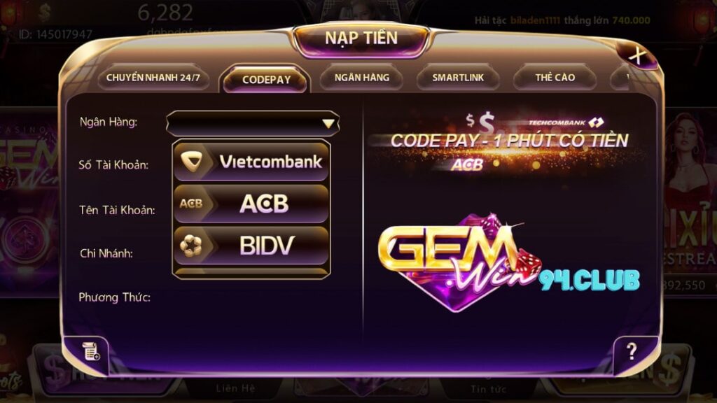 cơ chế nạp rút tại Gemwin nhanh chóng và tiện lợi